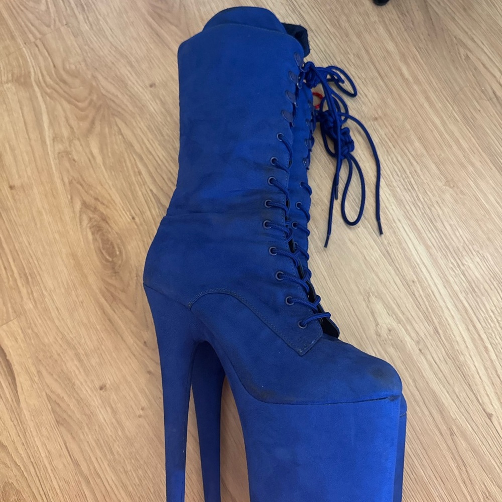 Pleaser Royal Blue Platform Lace-Up Boots (vegan suede)